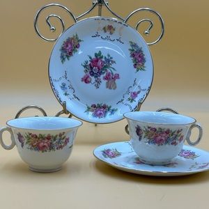 Royal EPIAG Czechoslovakia floral rose cups and saucers set of 2, cottage, pink
